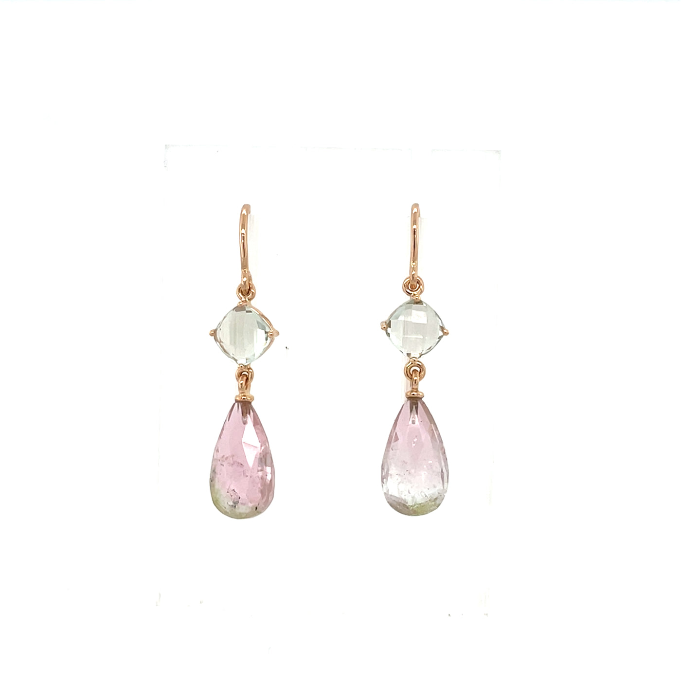 Ohrschmuck Wassermelone aus Rotgold mit Prasiolith und Turmalin