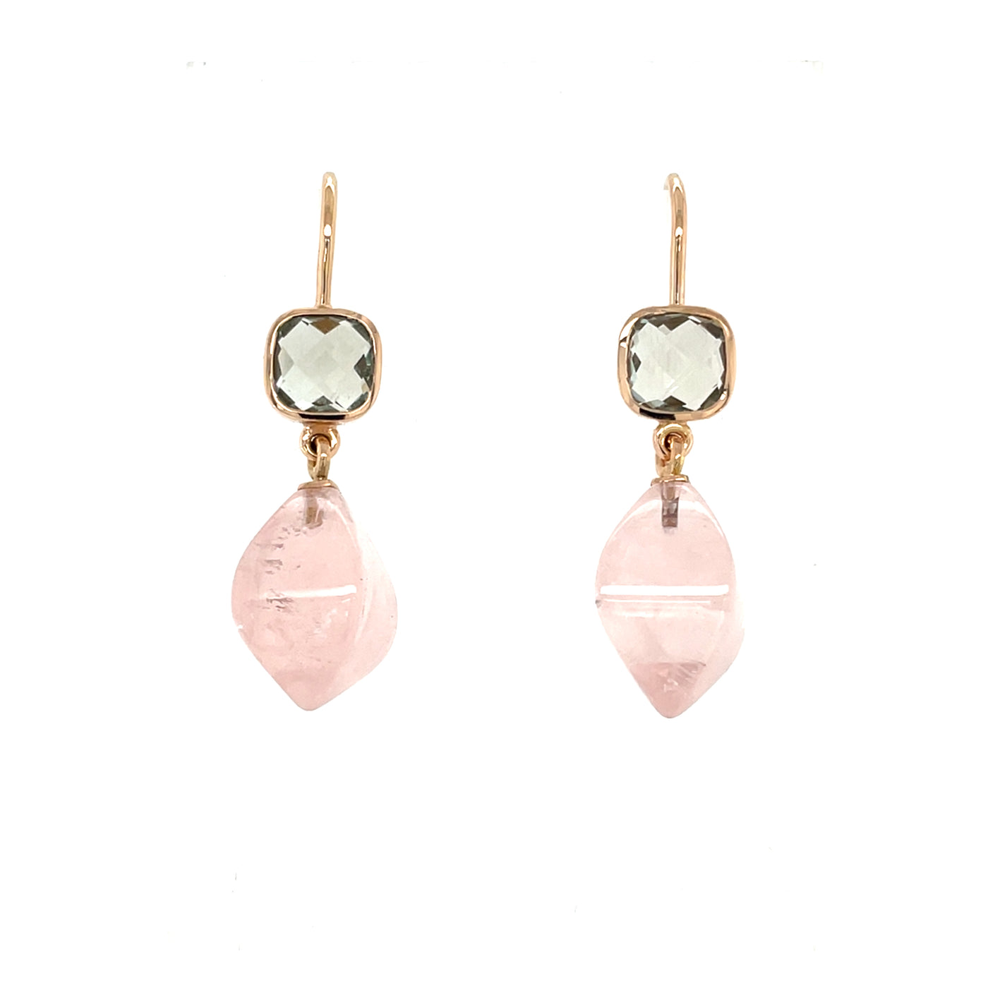 Ohrschmuck Vier Jahreszeiten aus Rotgold mit Prasiolith und Rosenquarz